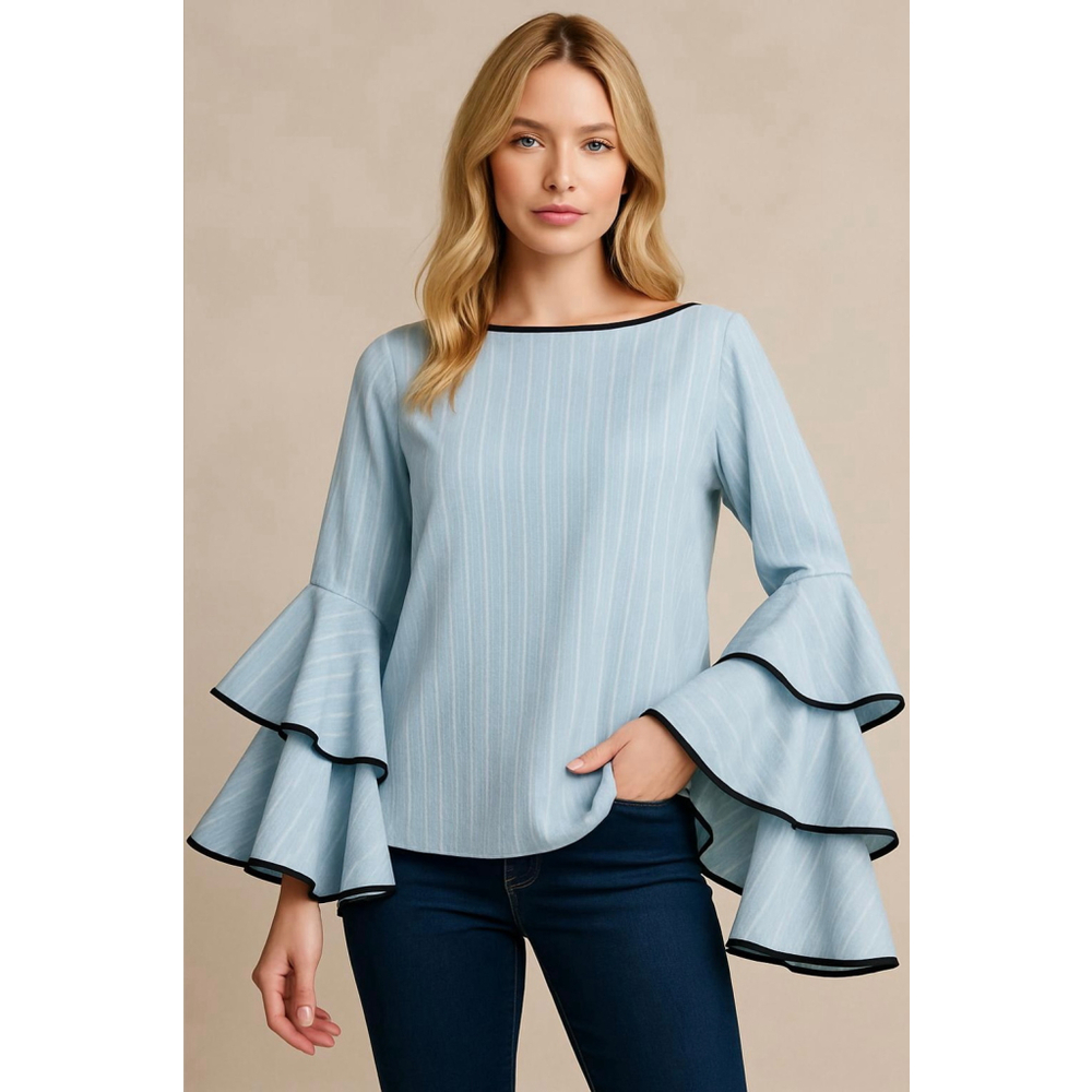 Women's SHEIN Light Blue Bell Sleeve Top Black Sz 12 Romantic Coquette‎ Feminine